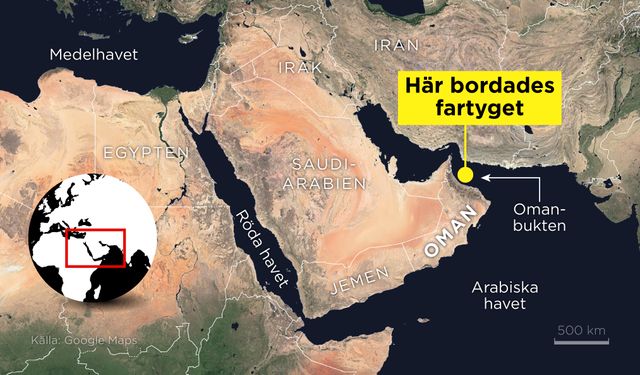 Kartan visar var ett fartyg bordades utanför Oman.