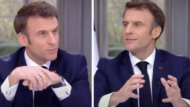 Macron och hans händer – före och efter att klockan togs av under bordet.