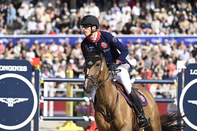 Henrik von Eckermann på hästen King Edward under Global Champions Tour på Stockholms stadion förra året.