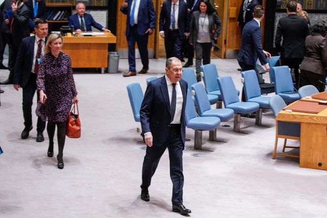 Ryska utrikesministern Sergej Lavrov anländer till ett möte i FN:s säkerhetsråd på måndagen.