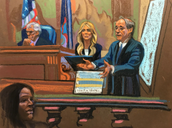 Målning av Ivanka Trump i vittnesbåset. 