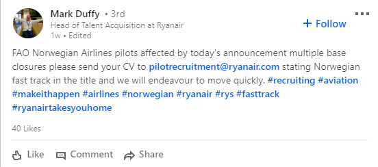 <p><b>LOKKER:</b> Ryanair-topp oppfordrer Norwegian-piloter til å søke hos dem. </p>