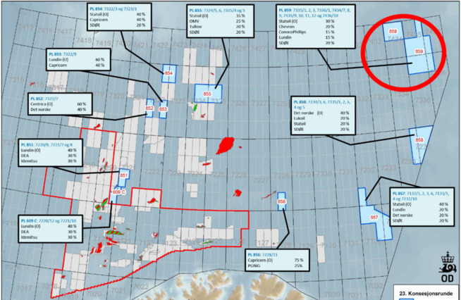 <p><b>PÅ SVALBARD?</b> Det er de tre nordligste blokkene i lisens 859 som Russland hevder ligger på Svalbards kontinentalsokkel. Nederst i bildet er kysten av Finnmark.</p>