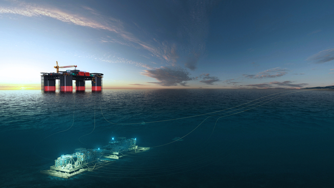 Slik ser Aker Solutions for seg at et subsea-gasskompresjonsanlegg kan se ut på havbunnen på Chevrons Janz-Io-felt i Australia
