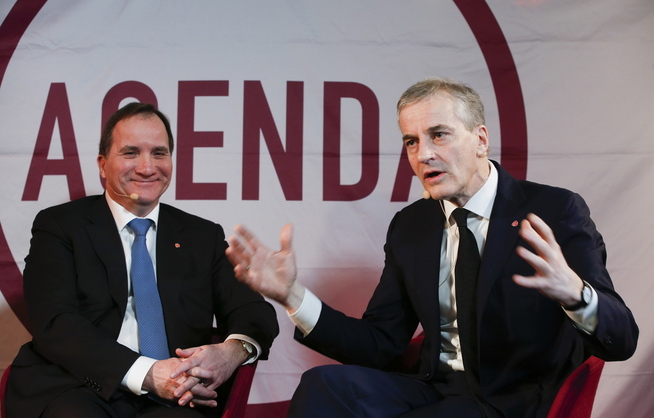 <p><b>STATSMINISTERBESØK:</b> Arbeiderpartileder Jonas Gahr Støre together with Sweden's prime minister Stefan Löfven på today's møte.</p>