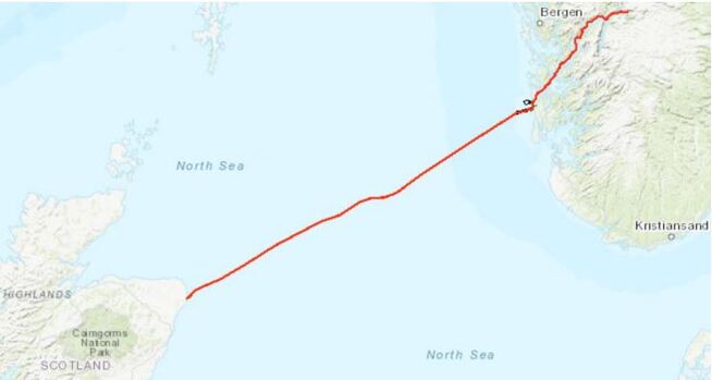 Dette er den planlagte traseen for Skottlandskabelen Northconnect, som blir på 665 kilometer fra Eidfjord til Peterhead.