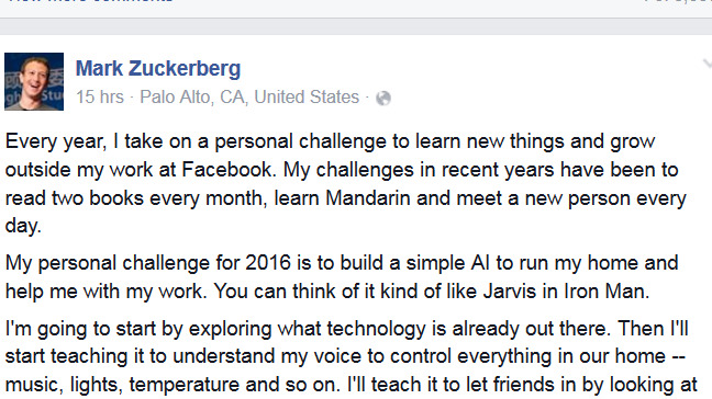 <b>SETTER MÅL:</b> På sin egen Facebook-profil deler Zuckerberg det ambisiøse målet om å bygge en robot med kunstig intelligens som skal hjelpe han i hjemmet og på jobben.