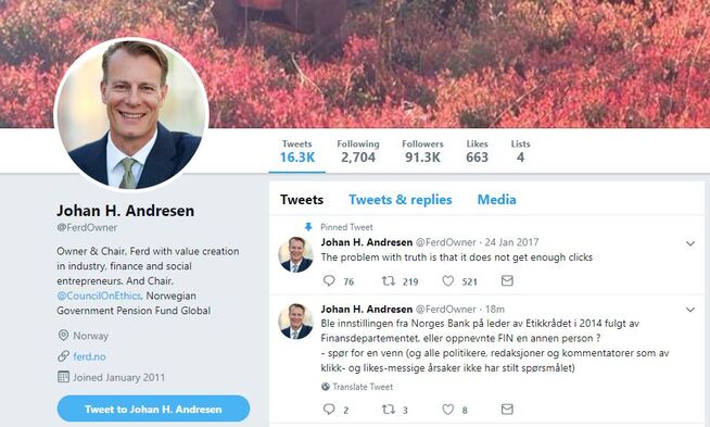 Fra Johan H. Andresens Twitter-feed tirsdag.