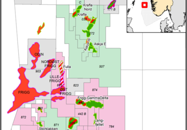 <p><b>OVERLAPP:</b> Kartet viser NOAKA-området. Ordet er en forkortelse av Alvheim Nord (North of Alvheim – NOA) til Aker BP i deler av det rosa området, og Statoils Krafla/Askja (forkortet KA i Noaka) som ligger i deler av det grønne området.</p>