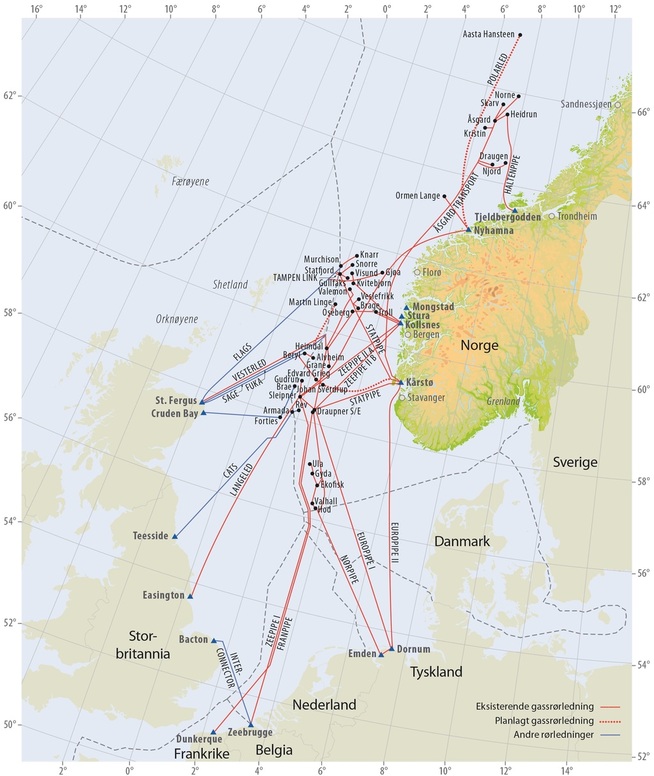 <p><b>GASSENS SPAGHETTI:</b> Dette er en oversikt over det omfattende norske nettverket av gassrør til Europa.</p>