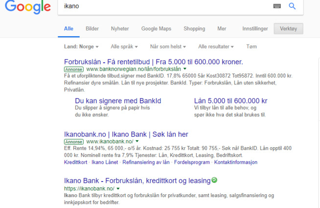 <p>SØK: Slik ser resultatet ut når E24 søkte etter Bank Norwegians konkurrent Ikano. Først er det to annonser, en for Bank Norwegian og en for Ikano, før søkeresultatet dukker opp som nummer tre.</p>