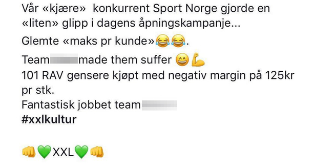 <p><b>«MADE THEM SUFFER»:</b> Her er en av flere internmeldinger der XXL Norge-sjef Anders Kjellén beskriver kupping av konkurrentenes tilbudsvarer.</p>