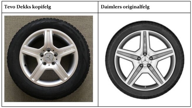 <p><b>LIKHETSTREKK</b>: Daimler AG mener felgene Tevo Dekk har solgt (til venstre) ligner for mye på deres egne felger (til høyre).</p>
