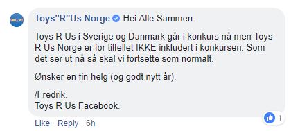 <p><b>PRESSISERING:</b> Toys R'Us i Norge har lagt ut denne meldingen på sin Facebook-side. Legg merke til formuleringen "for tilfellet".</p>