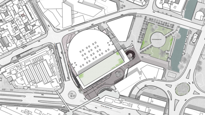 <p>OVENFRA: En tegning av nye Oslo Spektrum. Etter planen skal bygging starte i 2020 og ta tre år.</p>