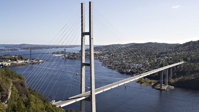 <p><b>MYE TILGJENGELIG:</b> Grenland er det urbane området i undersøkelsen som har størst andel boliger tilgjengelig for folk med gjenomsnittslønn. Her ser vi landemerket Grenlandsbrua, som forbinder Porsgrunn kommune med Bamble.</p>