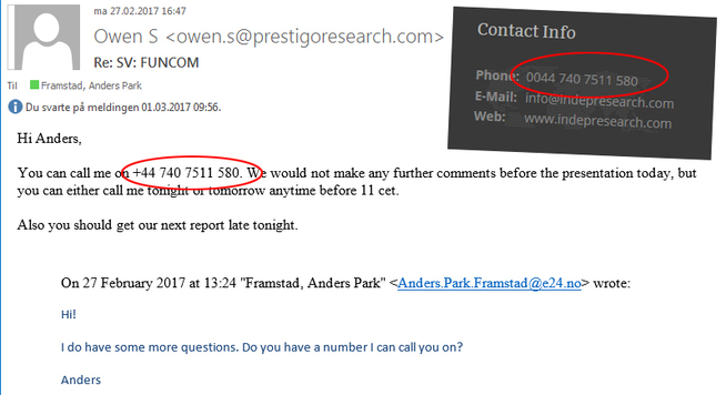<p><b>SAMME TELEFONNUMMER:</b> Owen Spencer og Indep Research (innfelt skjermdump fra indepresearch.com).</p>