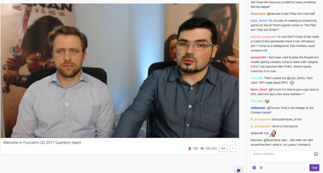<p><b>MØTTE AKSJONÆRENE:</b> En noe utradisjonell måte å møte aksjonærene på, da Funcom la frem sin presentasjon for tredje kvartal på spillplattformen Twitch tirsdag kveld. Fra venstre: Finansdirektør Stian Drageset og administrerende direktør Rui Casais. </p>