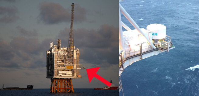 <b>SKAL TESTES TIL HAVS:</b> ISPAS-radaren skal om kort tid installeres på Edvard Grieg-plattformen til Lundin, markert med den røde pilen. Radaren skal plasseres rett ved siden av den eksisterende radaren (vist i bildet til høyre). På den måten skal man i testperioden sammenligne dataene man får fra de to radarene, både når det gjelder oljeutslipp, skipstrafikk, bølger og andre faktorer. I løpet av året skal man etter planen gjøre et kontrollert oljeutslipp på Grieg-feltet for å teste radaren.