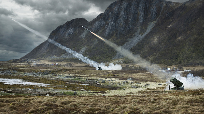 Kongsberg Gruppens luftvernmissiler Nasams. Missilsystemet leveres i et samarbeid mellom Kongsberg Defense og amerikanske Raytheon