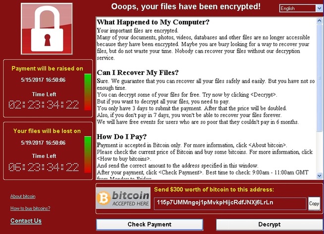 <p><b>LÅSER MASKINEN:</b> Slik ser utpressingsprogramvaren ut på en infisert datamaskin. Programvaren går under navnet WannaCry, WannaCrypt eller WannaDecryptor.</p>