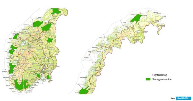 <p><b>GRØNT LYS:</b> Dette er NVEs kart over hvor i Norge det er mest egnet for å bygge ut vindkraft. Direktoratet understreker at en tredjedel av de grønne områdene skal ekskluderes slik at det ikke kan bygges ut vindkraft der. Se større versjon av dette kartet i <a href="https://www.nve.no/media/7922/01-04-2019-nasjonal-ramme-for-vindkraft-p%C3%A5-land_kjetil-lund.pdf" class="">NVEs presentasjon.</a></p>