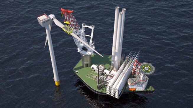 <p><b>ENORME TURBINER:</b> Nye og enda større vindturbiner krever større installasjonsskip. Dette er Ulstein verfts design for et oppjekkbart installasjonsskip for havvind som skal kunne håndtere turbiner på opptil 15 megawatt.</p>