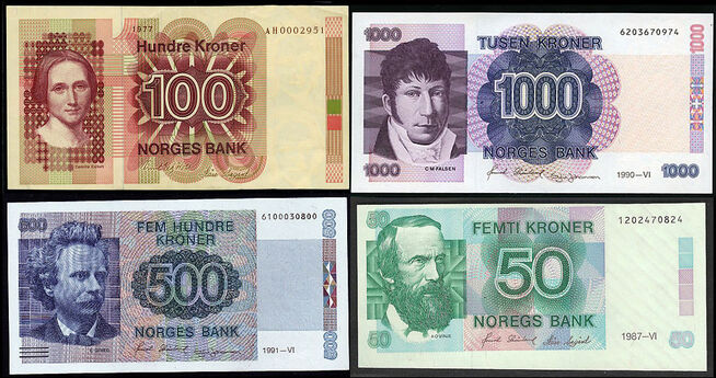  <p><b>do YOU REMEMBER?</b> The previous series with Norwegian banknotes that were replaced, 50 kronesedler with the portrait of Asmund O. Vinje, 100-kronesedler with portrait of Camilla Collett, 500-kronesedler with the portrait of Edvard Grieg and 1000-kronesedler with portrait of Christian Magnus Grooves.</p> 