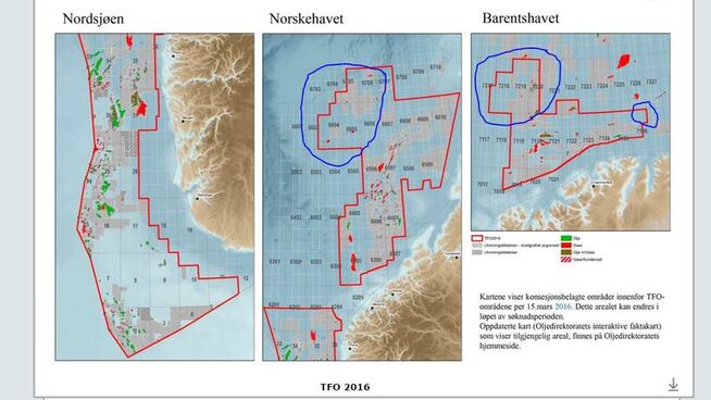 Dette kartet fra Oljedirektoratet viser områdene som omfattes av TFO-runden 2016. Her har vi markert utvidelsen fra fjorårets runde i blått