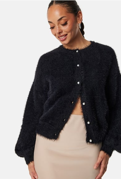 Fluffy Knitted Pearl Cardigan Black
