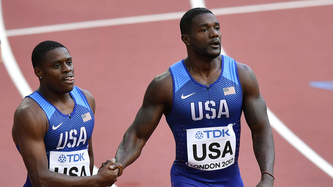 <p>BOLT-RIVALER: Christian Coleman (t.v.) og Justin Gatlin var fornøyde etter generalprøven.</p>