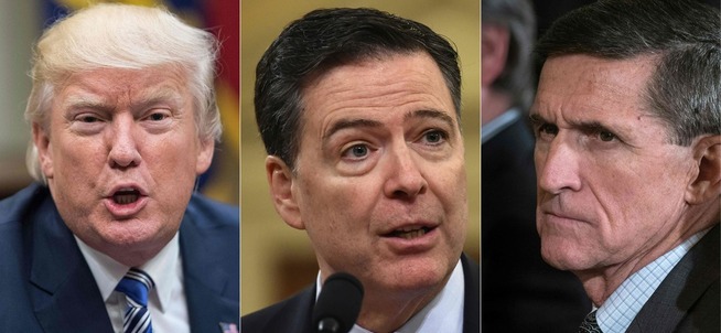 <p>FORKLARING: Tidligere FBI-sjef James Comey (i midten) skal forklare seg om Russland-etterforskningen. Han hevder at Trump blant annet skal ha bedt han om å droppe etterforskningen av sikkerhetsrådgiver Michael Flynn (t.h.) </p>