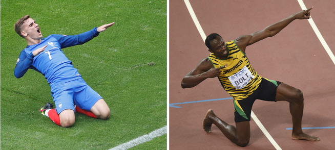 FEIRER SOM BOLT: Antoine Griezmann, her etter 1-0-scoringen mot Irland under EM, og Usain Bolt, her under VM i Beijing i fjor.