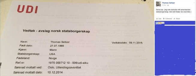 <p>AVSLAG: Thomas Seltzer delte avslaget fra Utlendingsdirektoratet på sin Facebook-side. VG har fått tillatelse til å dele skjermdumpen.</p>