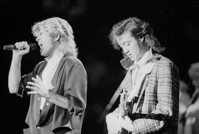 <p>POPDUO: F. v. George Michael and Andrew Ridgeley in Wham! during a concert in 1985.</p>