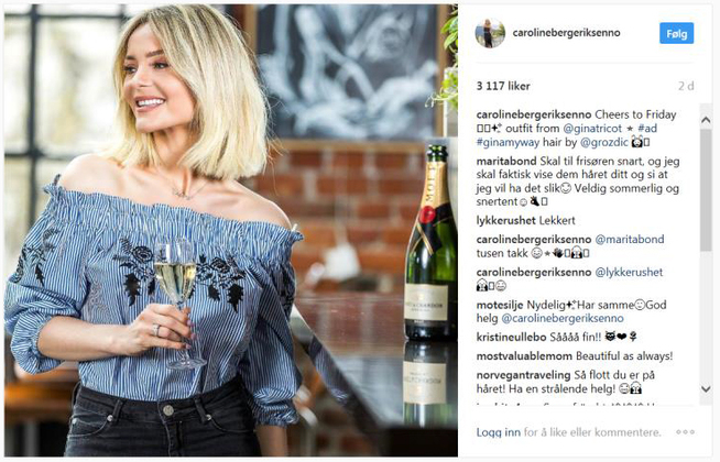 <p>INSTAGRAM: Også her ble det postet et bilde av Moët-flasken. Også her er bildet slettet. Bildet er hentet fra brevet fra Helsedirektoratet til United Influencers.</p>