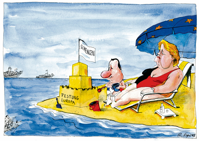 <p>FORNUFT OG FØLELSER: Francois Holland og Angela Merkel sitter på en strand og soler seg. og ser på strømmen av flyktninger. Holland er hisotirsk upopulær og stiller ikke ved neste valg. Merkel stiller til valg for en fjerde periode. </p>