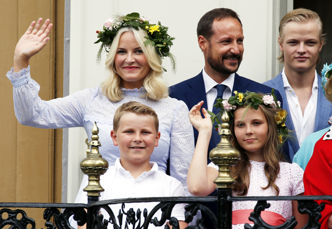 <p>ALL: crown princess Mette-Marit, prince Sverre Magnus, princess Ingrid Alexandra, crown prince Haakon and Marius Borg Høiby hageselskapet in Stiftsgården in Trondheim, norway in conjunction with the royal couple 25 årsjubileum in the year.</p>