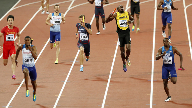 <p>AVGJØRELSEN: Nethaneel Mitchell-Blake (t.v.) avgjør duellen mot Christian Coleman mens Usain Bolt må gi seg.</p>