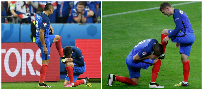 STJERNEKYSS: Slik feiret Dimitri Payet og Antoine Griezmann mot Island.