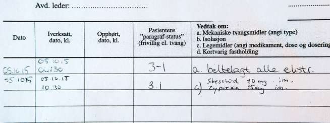 <p>IKKE AVSLUTTET: Det skal fremgå av protokollen hvor lenge pasienten ble holdt i belter. </p>