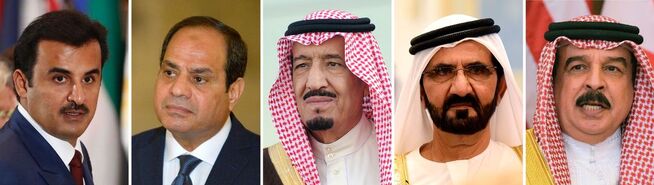 <p>ULL KONFLIKT: Fra venstre: Emiren av Qatar, Sheikh Tamim bin Hamad al-Thani; Egypts president, Abdel Fattah al-Sisi; Kongen av Saudi-Arabia, King Salman; statsminister i De forente arabiske emirater, Sheikh Mohammed bin Rashid al-Maktoum; og konge av Bahrain, Hamad bin Issa al-Khalifa. Foto: AFP</p>
