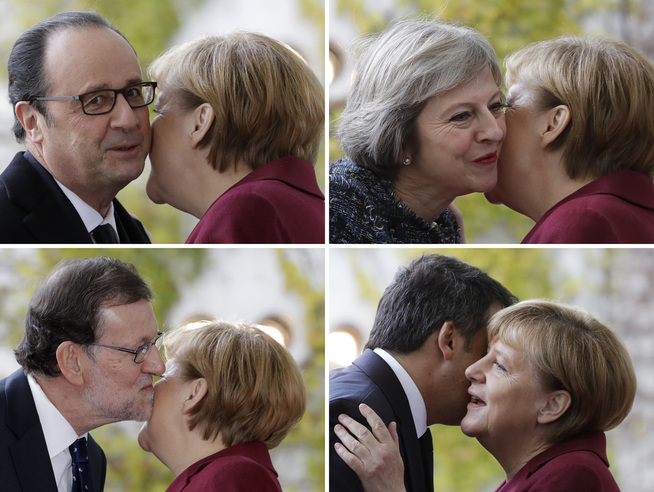 <p>HVEM FÅR AVSKJEDSKLEM?: Fire sammenslåtte bilder av den tyske forbundskansleren Angela Merkel ønsket François Hollande (øverst til venstre), Theresa May (øverst til høyre), Mariano Rajoy (nederst til venstre) og Matteo Renzi velkommen til Berlin 18. november i år. Alle er i større eller mindre grad truet av populister i deres hjemlige politiske hverdag.</p>