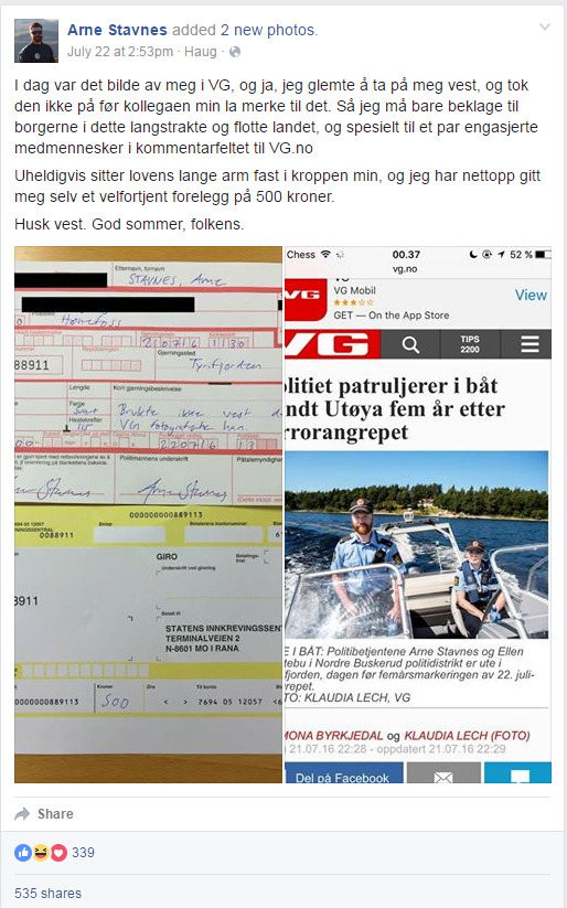 <p>BØTELA SEG SELV: Arne Stavnes beklaget sikkerhets-glippen med et forelegg på 500 kroner – signert Stavnes selv.</p>